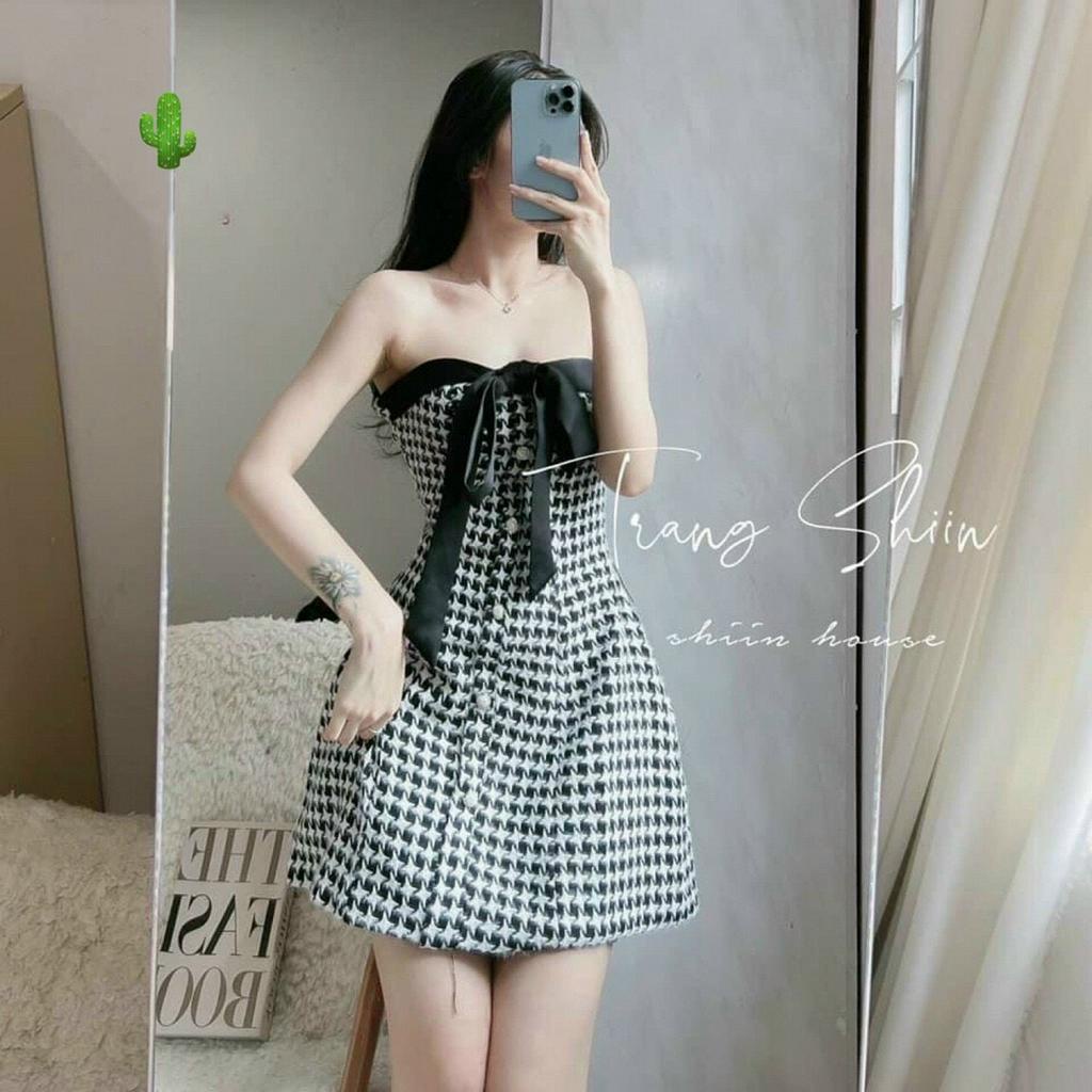 đầm ống nữ chất dạ carro phối nơ voan ngực