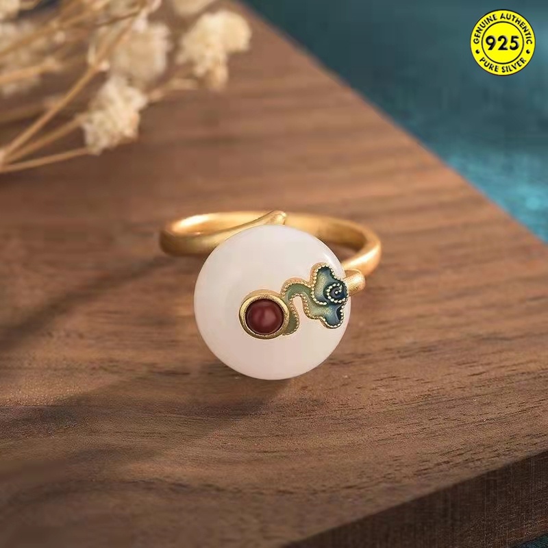 Nhẫn đá ngọc bích phong cách retro Trung Hoa cho nữ