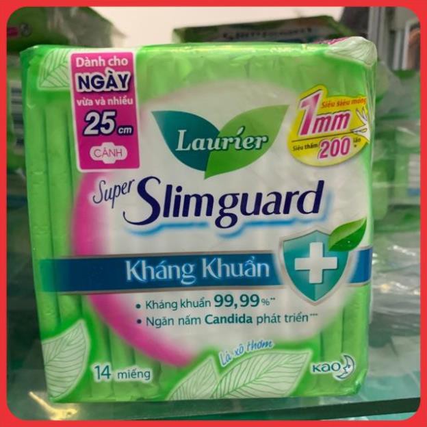 Băng vệ sinh cao cấp Laurier shuper slimguard kháng khuẩn  25cm ( có cánh ) 14 miếng