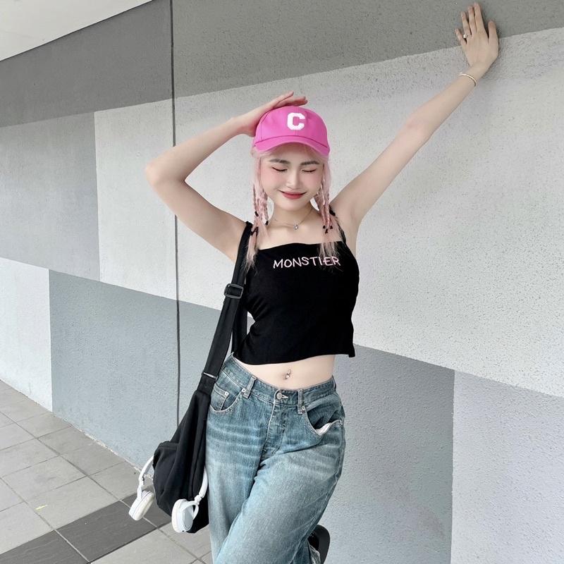 Áo Croptop Hở Lưng Có Dây Đan Phía Sau siu xinh - Thêu Chữ Monstier - Trắng/Đen/Hồng
