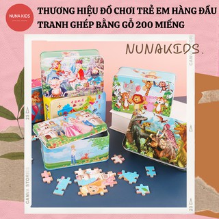 Bộ Tranh ghép 200 miếng bằng gỗ cho bé Bộ đồ chơi ghép tranh cho bé đựng trong hộp sắt giúp bé phát triển tư duy