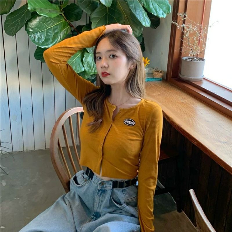 ÁO CROPTOP ĐÍNH LOGO CUỐN BIÊN TAY DÀI A2-LGG