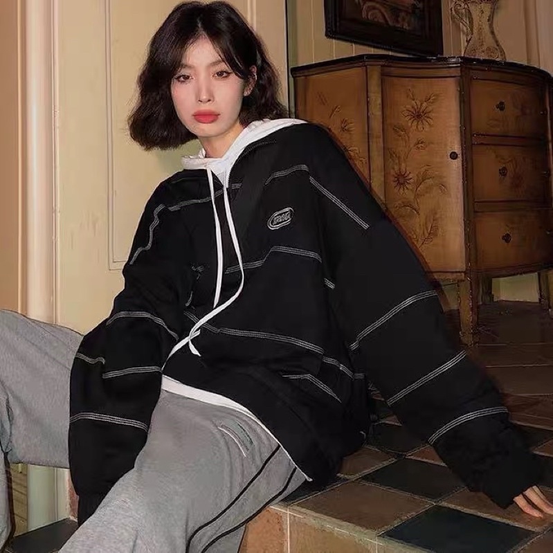 Áo Polo dài tay cổ khóa kéo kẻ đen phong cách Hàn Quốc G285
