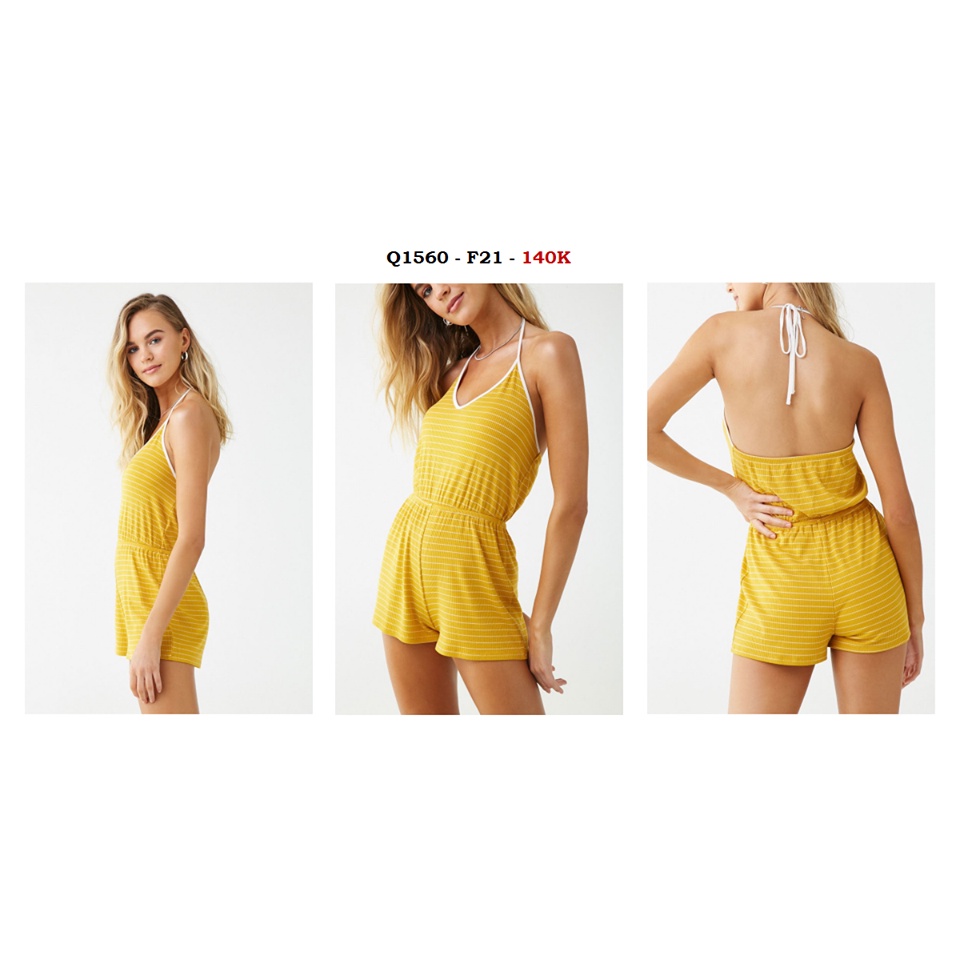 Q1560 - Romper thun gân F21 yếm cột nơ phối sọc ngang