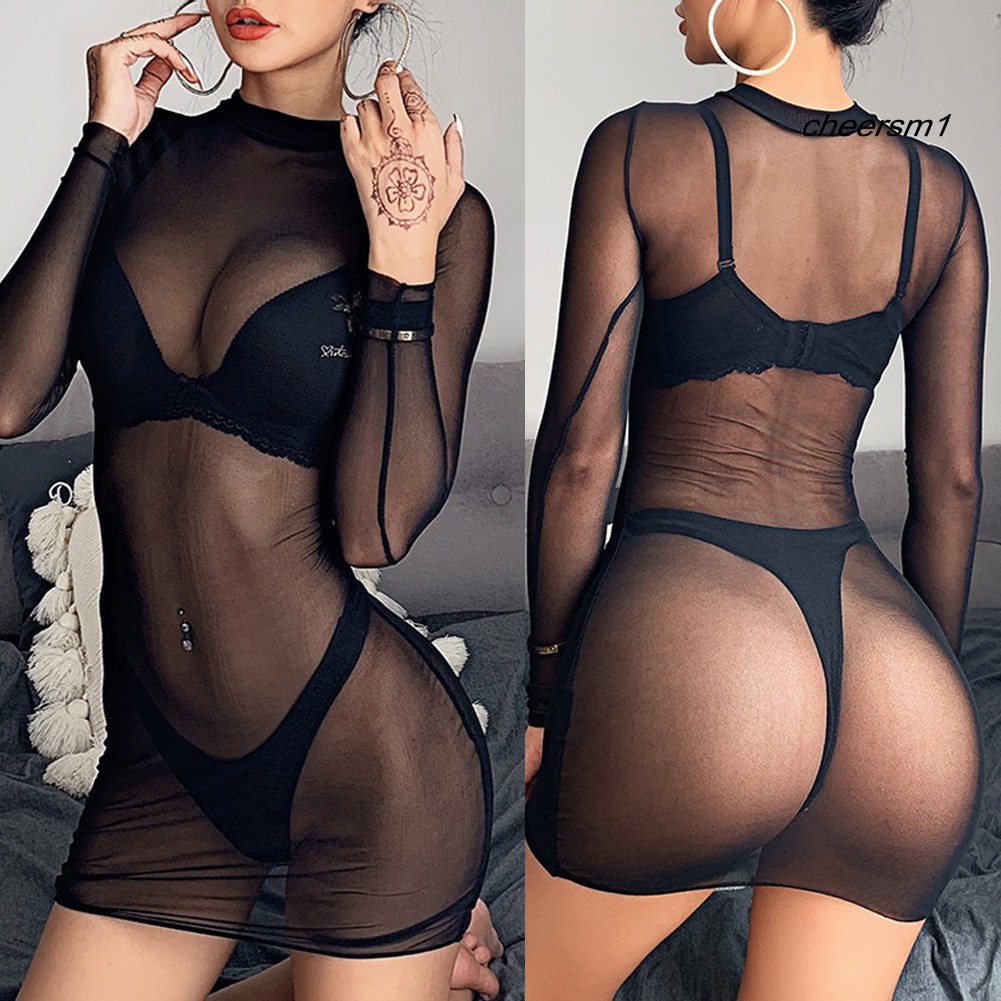 Nội y bộ đồ lót Women Sexy Solid Color Long Sleeve See Through Sheer Nightwear Bodycon Dress