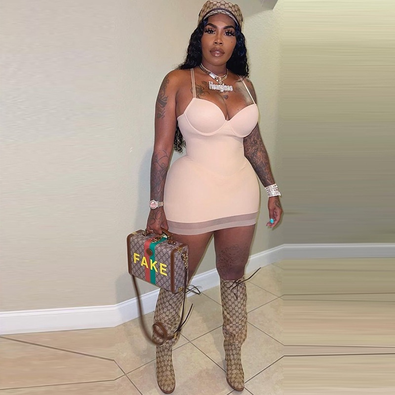 DUNEA Đầm hai dây cổ khoét sâu phối lưới phong cách quyến rũ cho nữ