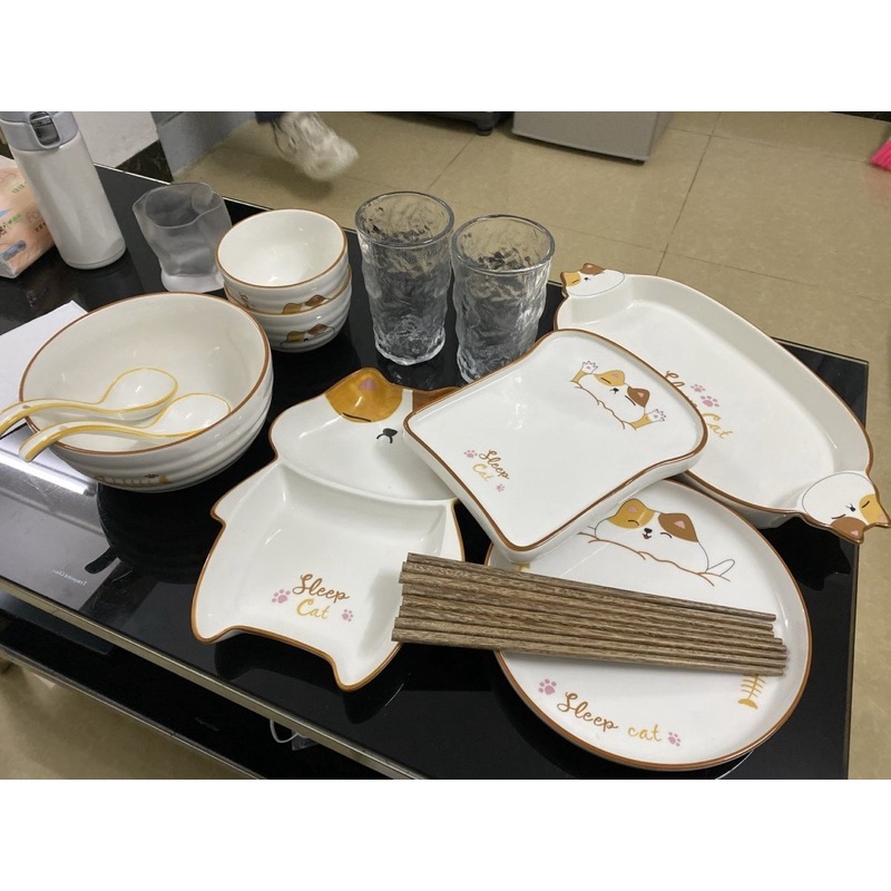 Bộ bát đĩa hình mèo, bát đĩa decor, bát đĩa đẹp