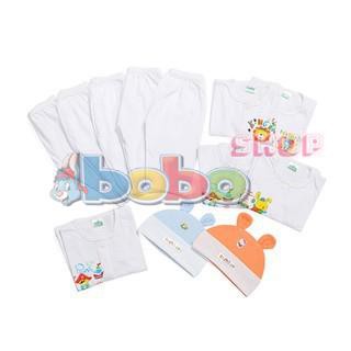 Set 12 Món Cho Bé Sơ Sinh (2 Nón, 5 Áo Tay Dài Trắng Cúc Giữa Và 5 Quần Dài Bosinis )