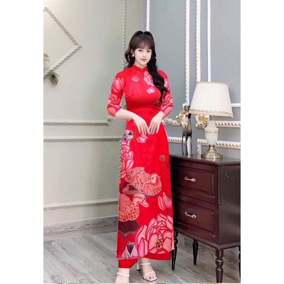 Sét bộ áo dài truyền thống hoa cài siêu đẹp vải lụa sang trọng chuẩn xịn TRIPBLE T DRESS - size M/L/XL/2XL -MS01L