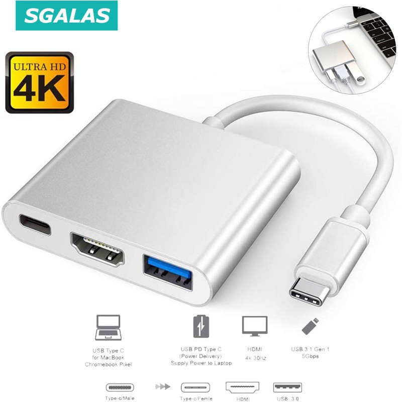 Bộ Chuyển Đổi SGALAS 3 Trong 1 từ USB Type C 3.1 Sang USB-C 4K HDMI USB 3.0 Cho Apple Macbook