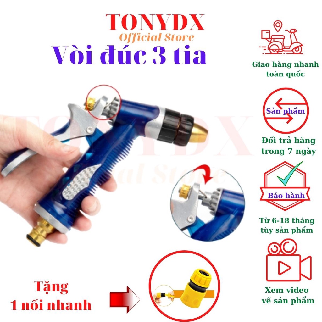 Vòi phun tưới nước điều chỉnh tia theo nhu cầu bằng nhựa và kim loại, tặng 1 khớp nối nhanh tiện lợi Tonydx store