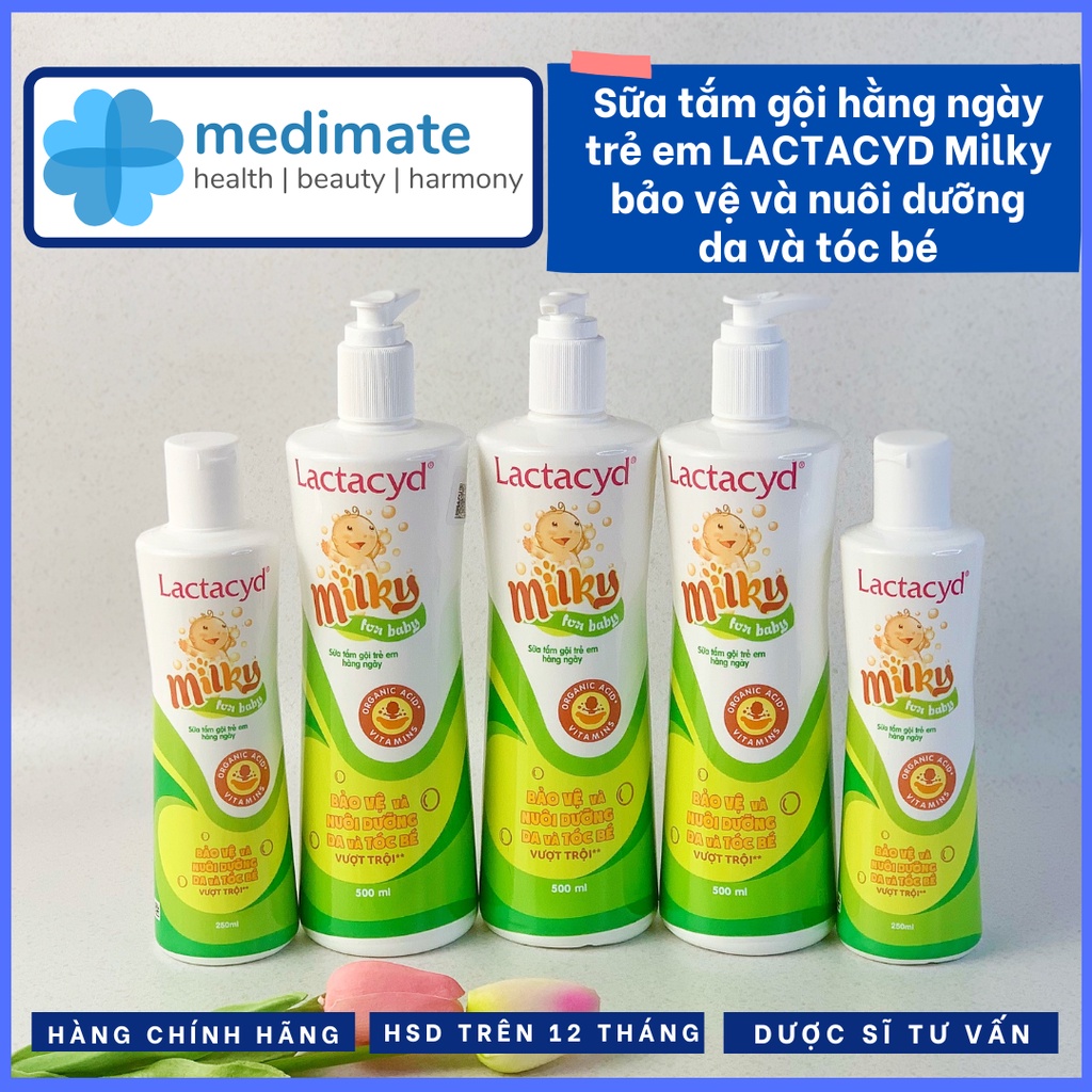 Sữa tắm gội hằng ngày trẻ em LACTACYD Milky for baby bảo vệ da và nuôi dưỡng tóc cho bé 250 ml và 500 ml