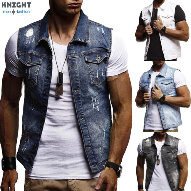 Men Ripped Jean Jacket Denim Vest Sleeveless Waistcoat for Jacket