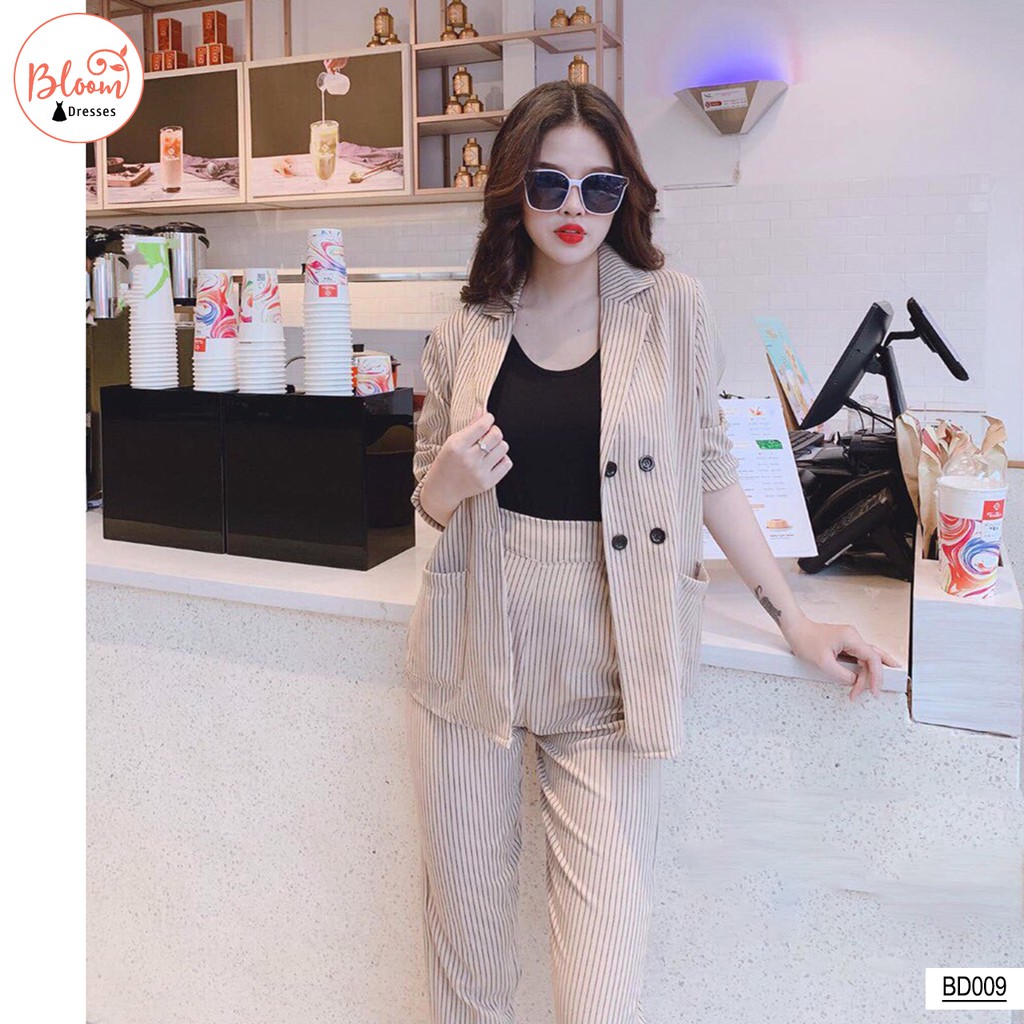 Áo vest nữ kẻ sọc caro 3 món cao cấp BLOOMFASHION Set Áo blazer nữ sọc kem + Áo 2 dây + Quần tây Mã VEST01