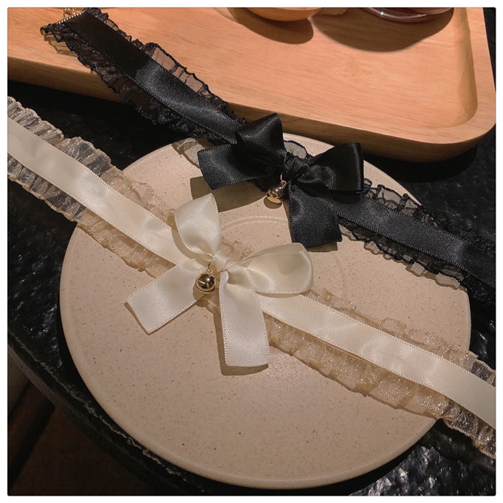 Vòng Cổ Choker Vải Ren Màu Đen Đính Nơ Tai Mèo Phong Cách Cổ Điển