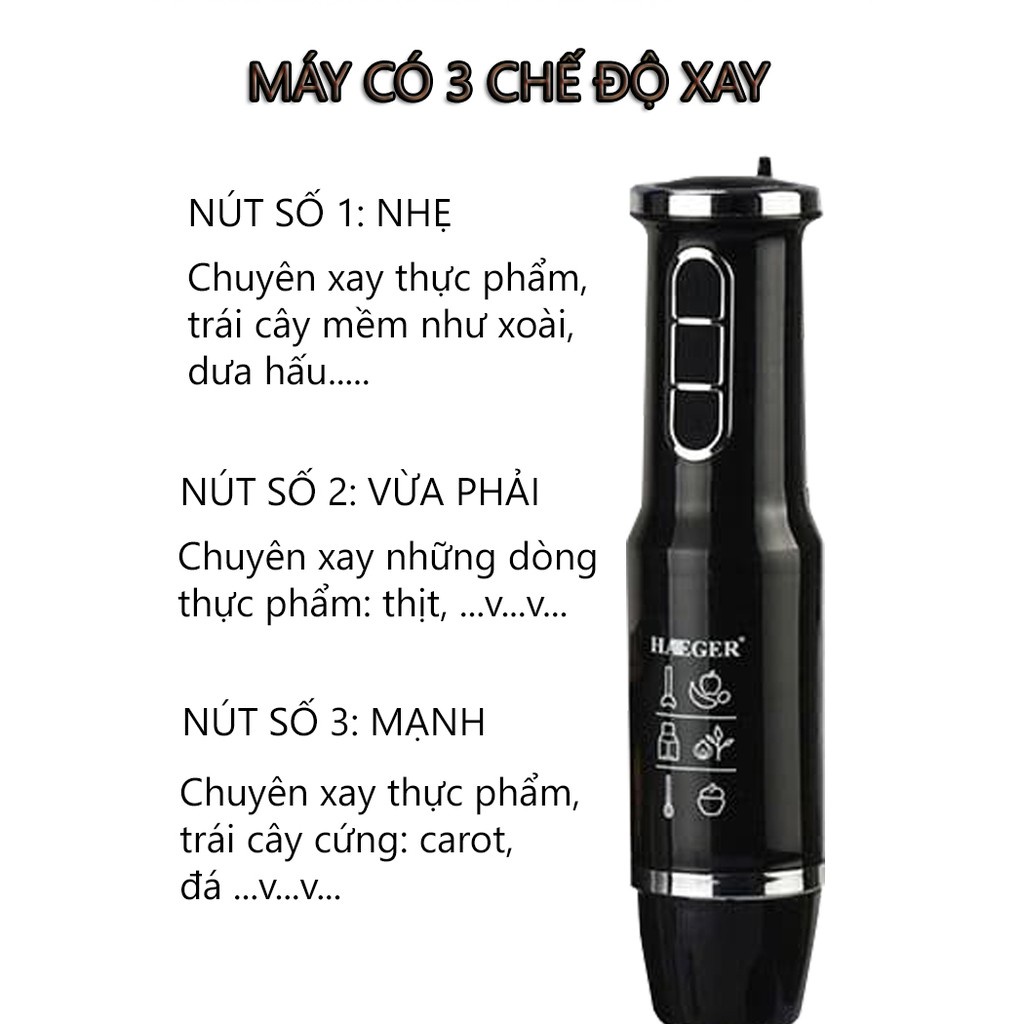 Máy xay cầm tay JIASHI, xay sinh tố, thịt, thực phẩm 600W - 3 mức độ xay, hoạt động hết công suất không nóng máy MXT03