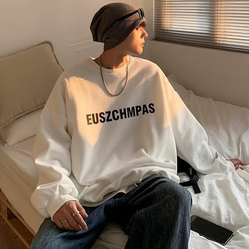 Áo Nỉ Cổ Tròn Dáng Rộng In Chữ Đơn Giản Thời Trang Thu Đông Hàn Quốc Cho Nam Cỡ M-5XL