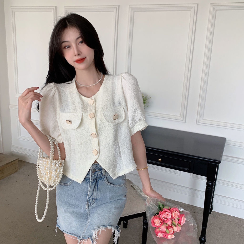 Áo Sơ Mi Trắng Tay Phồng Ngắn Thời Trang Mùa Hè Hàng Mới Dành Cho Bạn Nữ