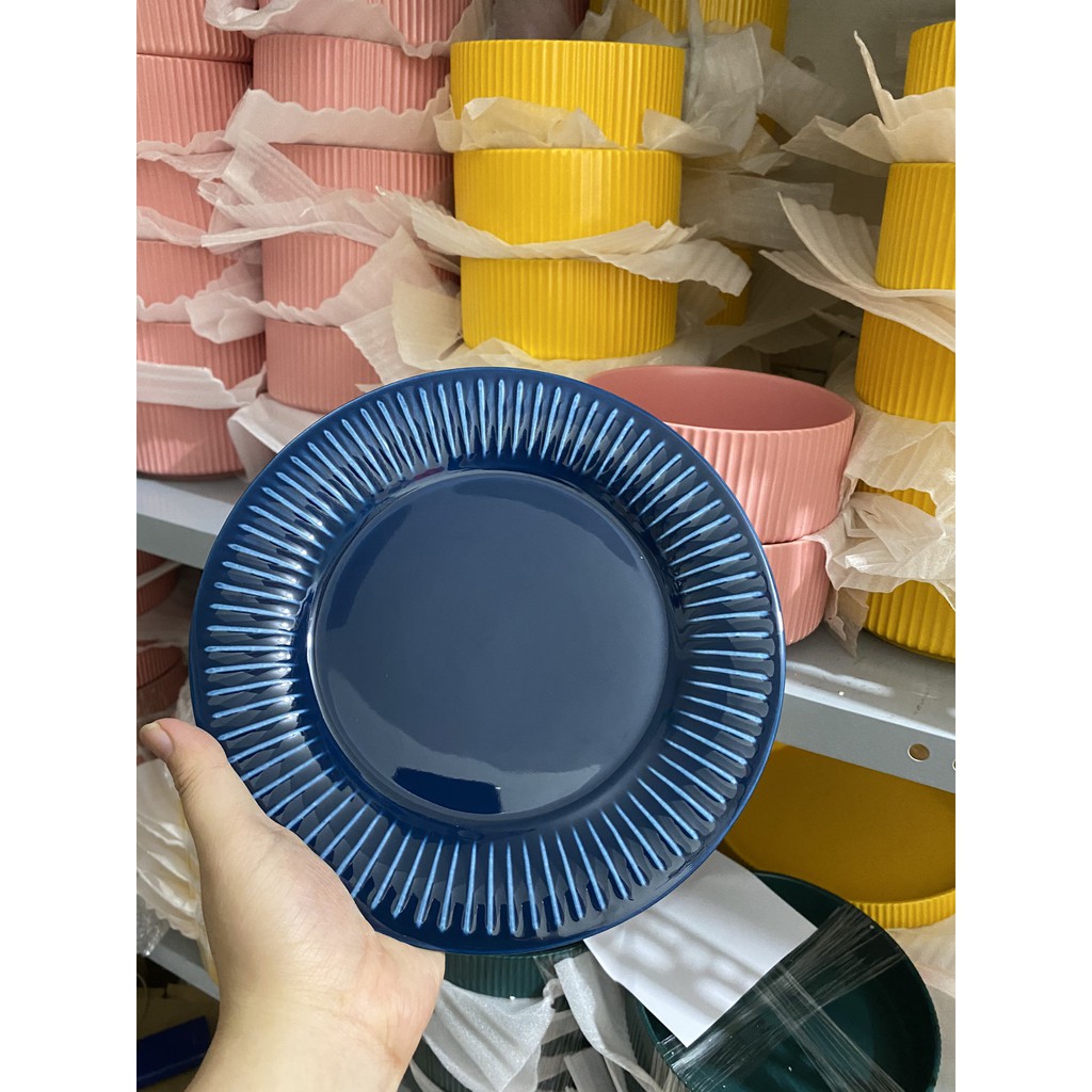 (HOT - ẢNH THẬT) Đĩa tròn vân sọc hoa cúc Hepburn 2 màu trắng/xanh phong cách Bắc Âu - hàng cao cấp không chì xuất khẩu
