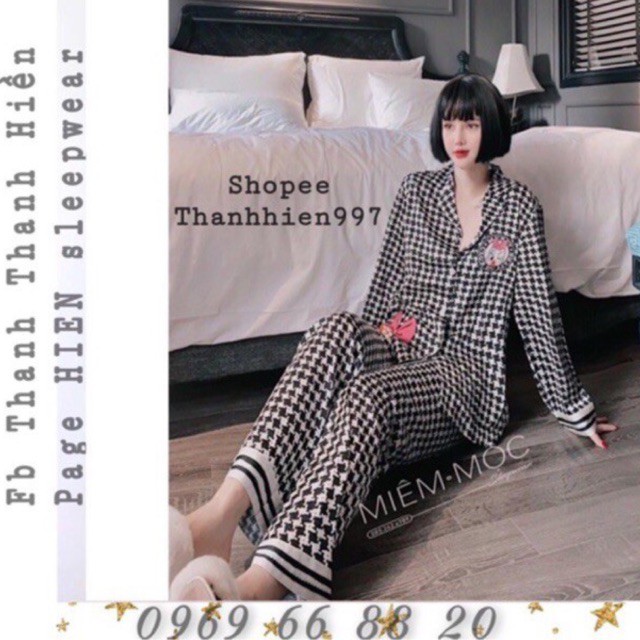 Pijama tay dài vịt thắt nơ caro đen lụa satin cao cấp quảng châu