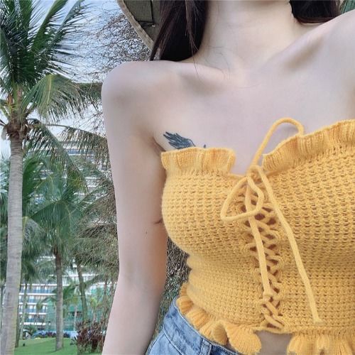 QKOOLE Áo croptop dệt kim phong cách Hàn Quốc thời trang cho nữ
