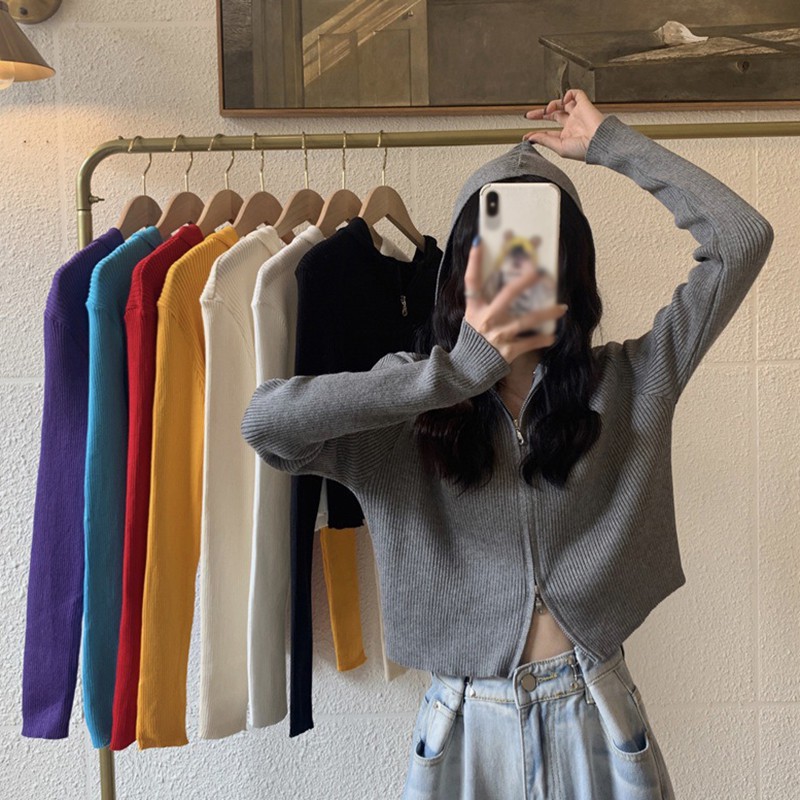 Áo Cardigan Dệt Kim Tay Dài Cổ Chữ v Màu Trơn Có Khóa Kéo Đơn Giản Thời Trang Dành Cho Nữ