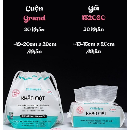 Khăn mặt khô Chillwipes dùng 1 lần lau khô, lau ướt - Giấy lau mặt dùng một lần 80 khăn