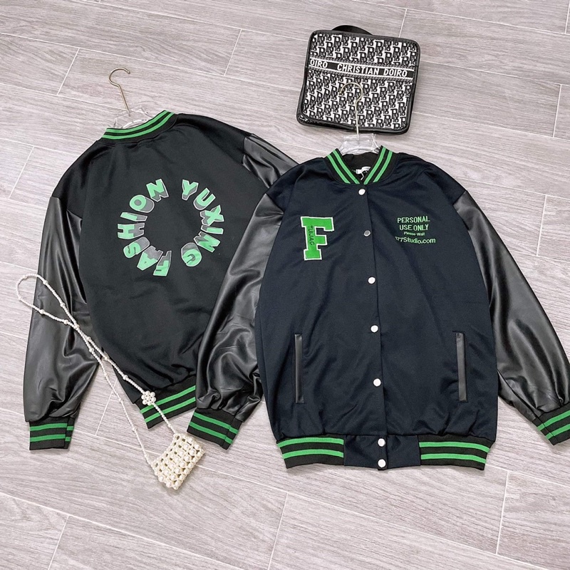 Áo khoác nỉ thêu F tay da HD6