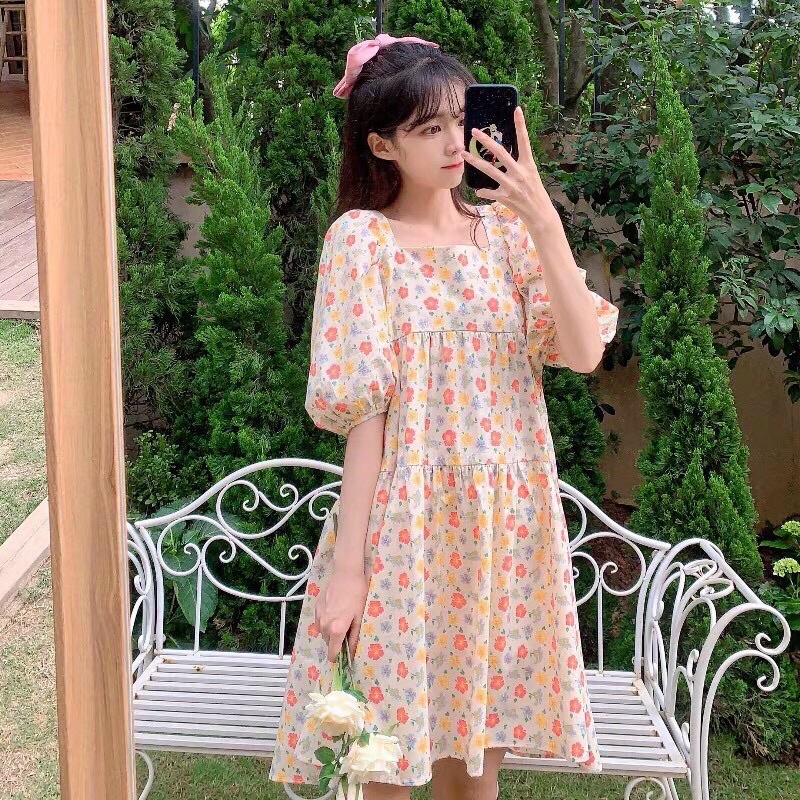 đầm bông lụa baby cổ vuông trước sau ngắn tay