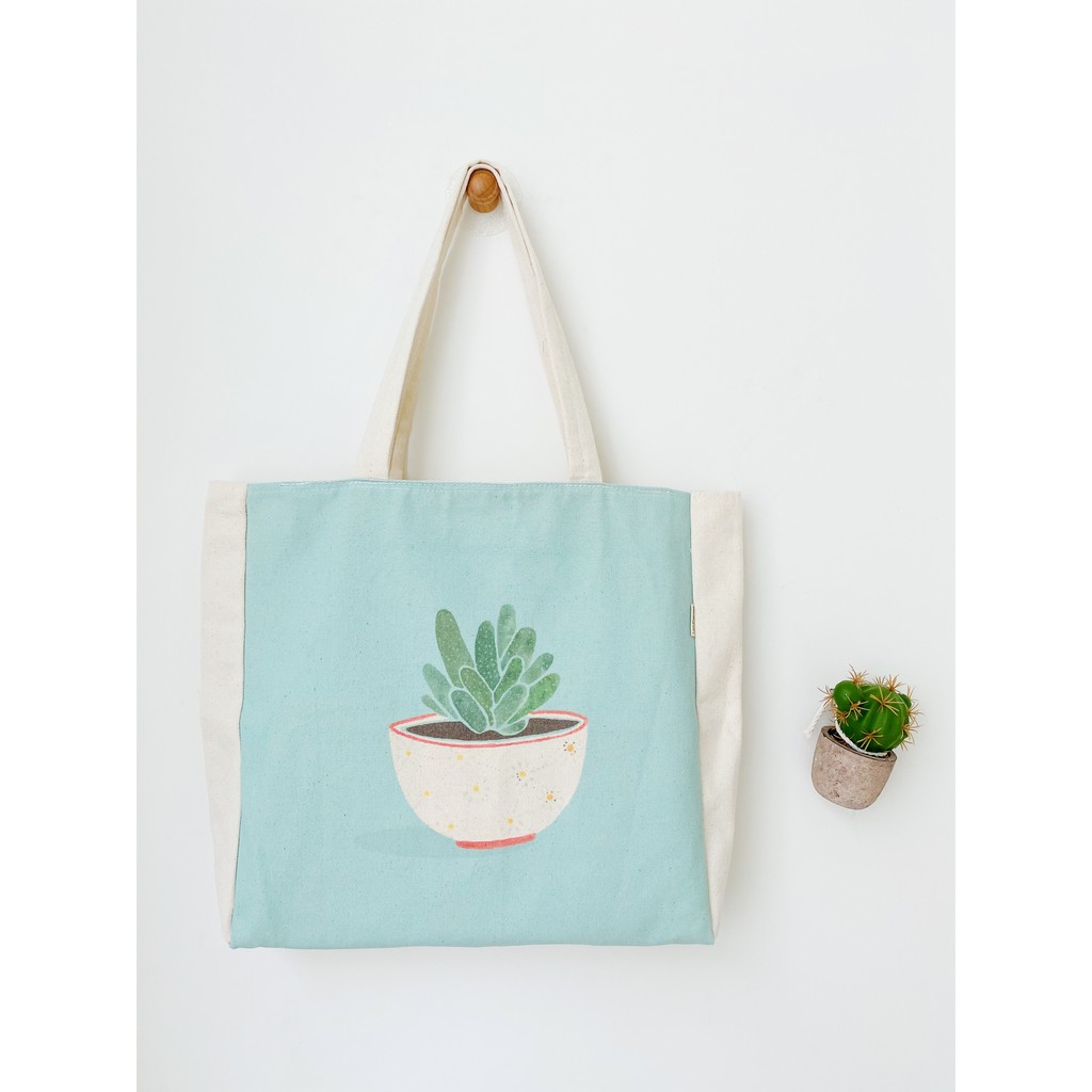 Túi Tote Túi Vải Leo Canvas Xương Rồng Nền Xanh Dương