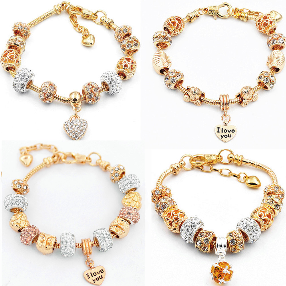 Vòng Tay Pandora Mạ Vàng Phối Đá Đầy Đủ Xương Rắn Cho Cặp Đôi KC