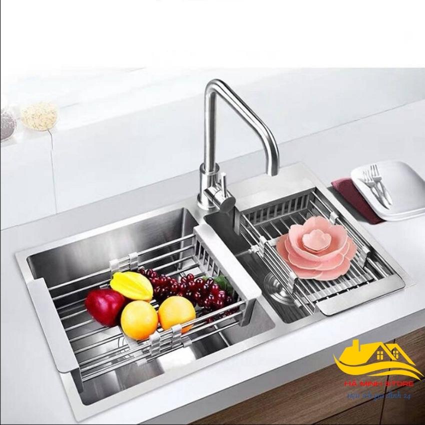 Rổ inox gác bồn rửa bát, chiều dài tự do điều chỉnh 30-55cm rổ inox gác chậu rửa Hà Minh Store