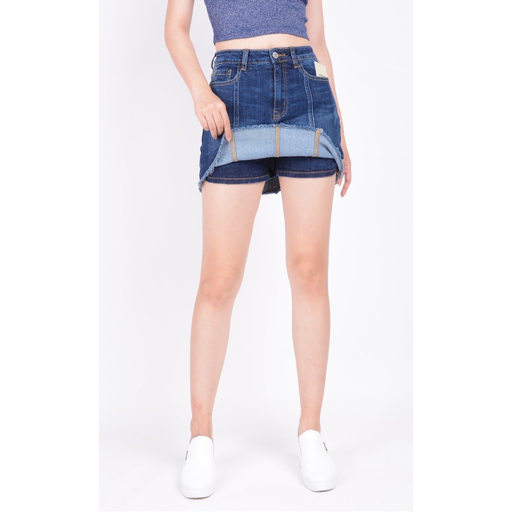 Chân váy jean nữ có quần bên trong đẹp lưng cao cạp cao xước nhẹ gân gấu tua rua hàng hiệu cao cấp mã 4160 VANIZEN