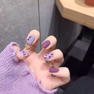 YADORNOS Set 24 Móng Tay Giả Họa Tiết Da Báo Màu Tím Xinh Xắn Kèm Keo Dán
