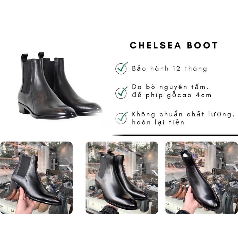 Giày (Bốt Nam) Chelsea Boots  Da Bò Đế Gỗ Cao 4cm BH 12 Tháng