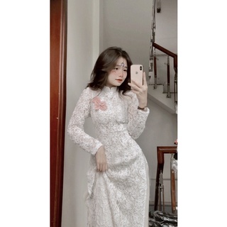 Áo dài cách tân ren hoa hai lớp áo dài đính hoa ngực tay bồng
