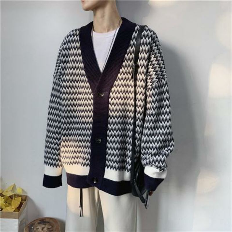 Áo Cardigan Kẻ Sóng Vintage Unisex