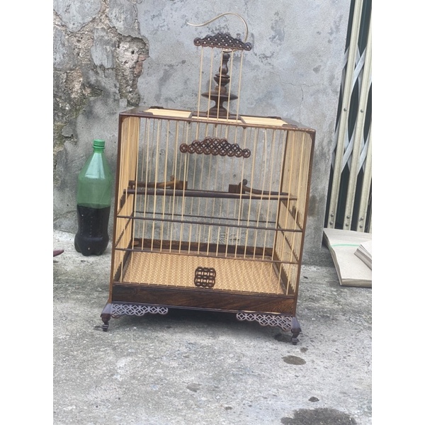 Lồng Chim chào mào vuông đấu gỗ muồng đen triện kim tiền cao cấp