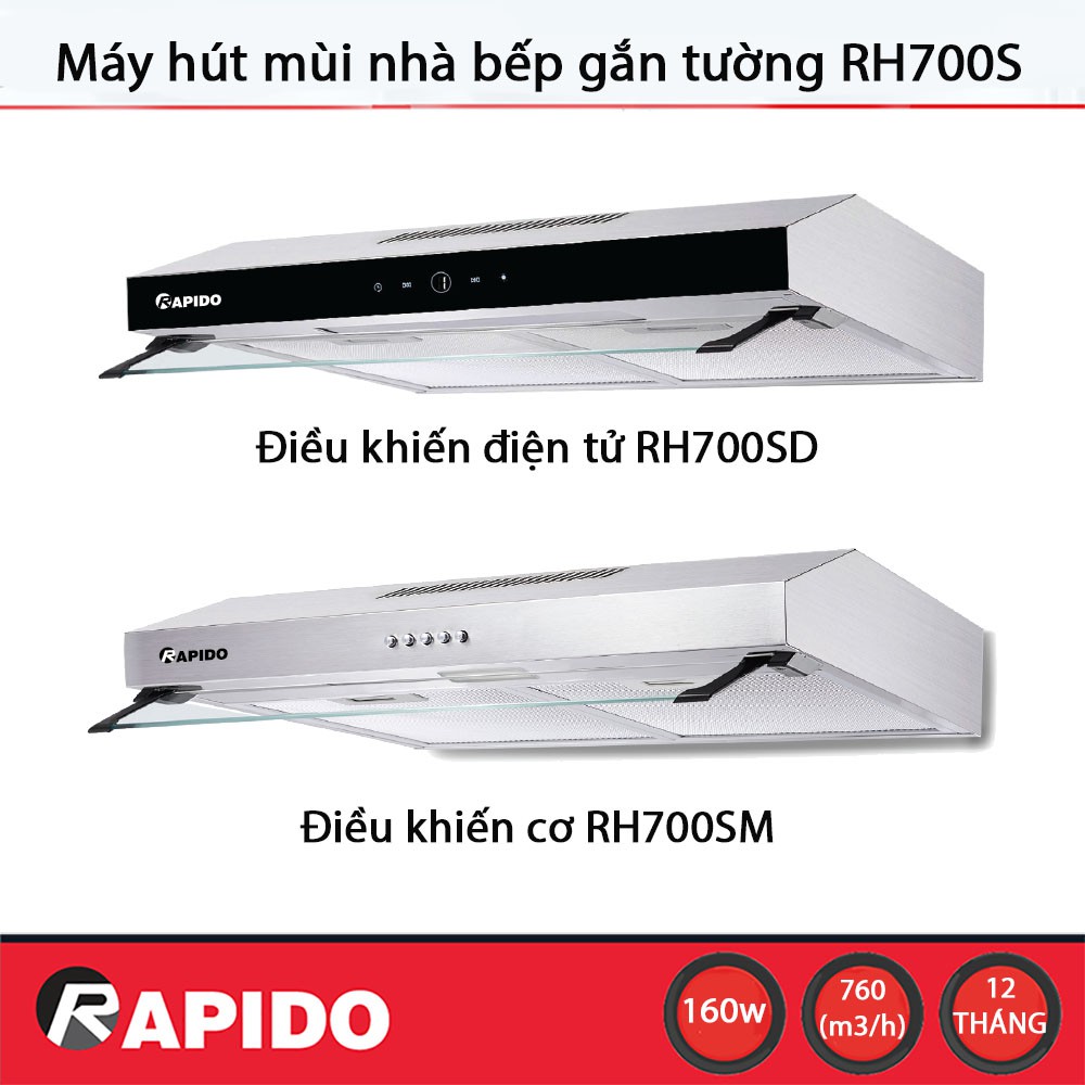 Máy hút mùi nhà bếp Rapido RH700S gắn tường, vỏ thép không gỉ, công suất 760 m³/h, lưới lọc dầu mỡ bằng nhôm 6 lớp