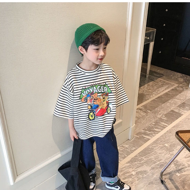 Áo Thun Tay Ngắn Cổ Tròn Họa Tiết Hoạt Hình Kẻ Sọc Thời Trang Mùa Hè 2022 Cho Bé Trai