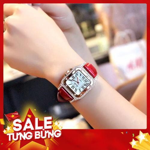 Đồng hồ nữ Caiqi chính hãng dây da mặt vuông viền đá - Siêu HOT