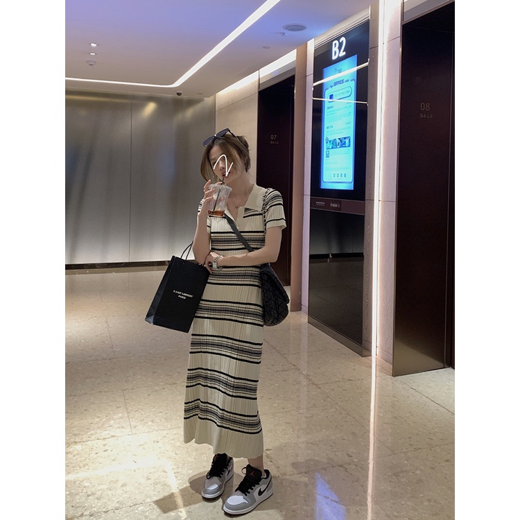 Đầm Thun polo Ngắn Tay Họa Tiết Sọc Ngang Thời Trang Dành Cho Nữ