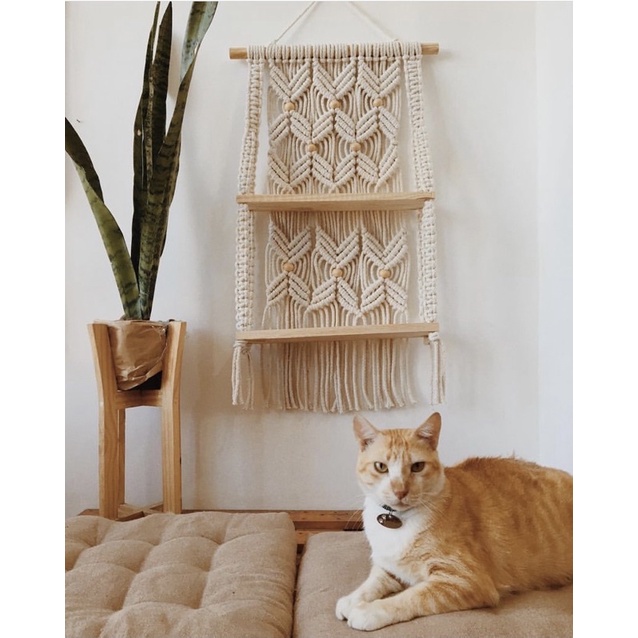 Kệ gỗ treo  2 tầng treo tươngf kết hợp macrame trang trí nhà cửa.  kích thước: 40x70x15cm