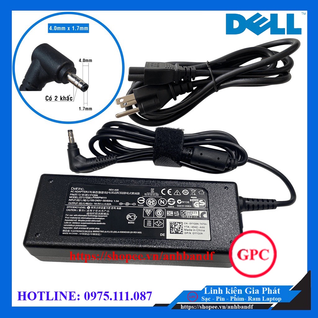 Sạc LAPTOP DELL VOSTRO 5460 5470 5480 5560 Chân Nhỏ ZIN 19.5V – 4.62A 90W kích thước chân Φ4.0*1.7mm