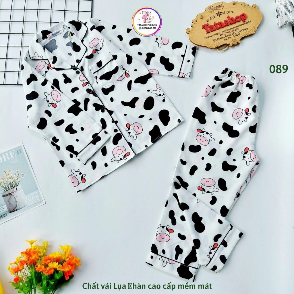 18 đến 40kg - Bộ pyama dài tay mặc ngủ thu đông cho bé trai bé gái hình bò sữa chất lụa cao cấp 089