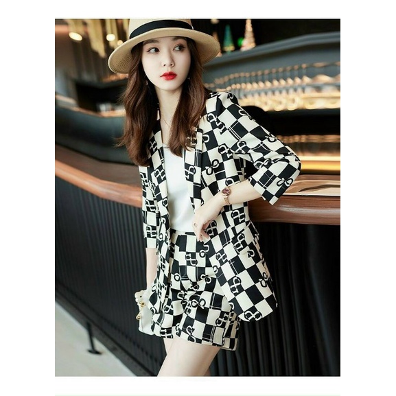 Hàng nhập - Set bộ vest nữ short họa tiết caro, sét đồ blazer công sở cotton lạnh