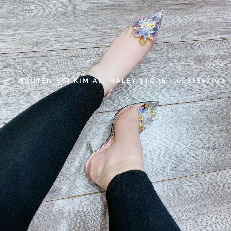 Giày Cưới HALEY STORE cao gót  nhọn 9cm quai trong suốt hoa đá pha lê bít mũi nhọn đi tiệc cô dâu sang chảnh