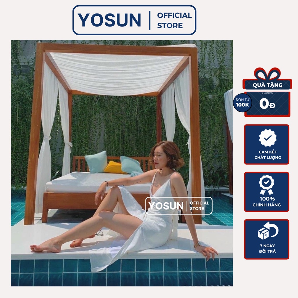 Đầm Nữ Maxi Đi Biển Hai Dây Thắt Nơ Sau Lưng Ngực Đắp Chéo Sang Chảnh, Váy Nữ Dáng Dài Xẻ Tà Quyến Rũ 2 Màu Trắng Vàng