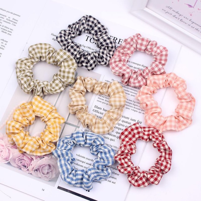 Chun buộc tóc Scrunchie kẻ caro cỡ nhỏ