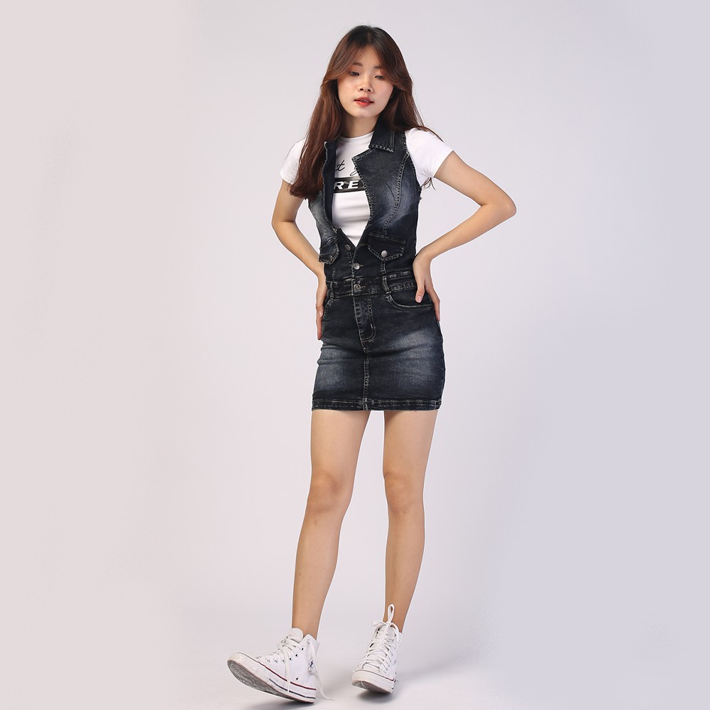 Chân váy liền áo jean HANOIJEAN - Chân váy ngắn màu xanh xám co giãn chân váy bò VAY007 | BigBuy360 - bigbuy360.vn